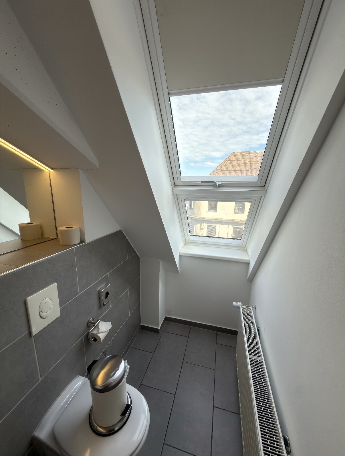Badezimmer mit Dachfenster und Toilette