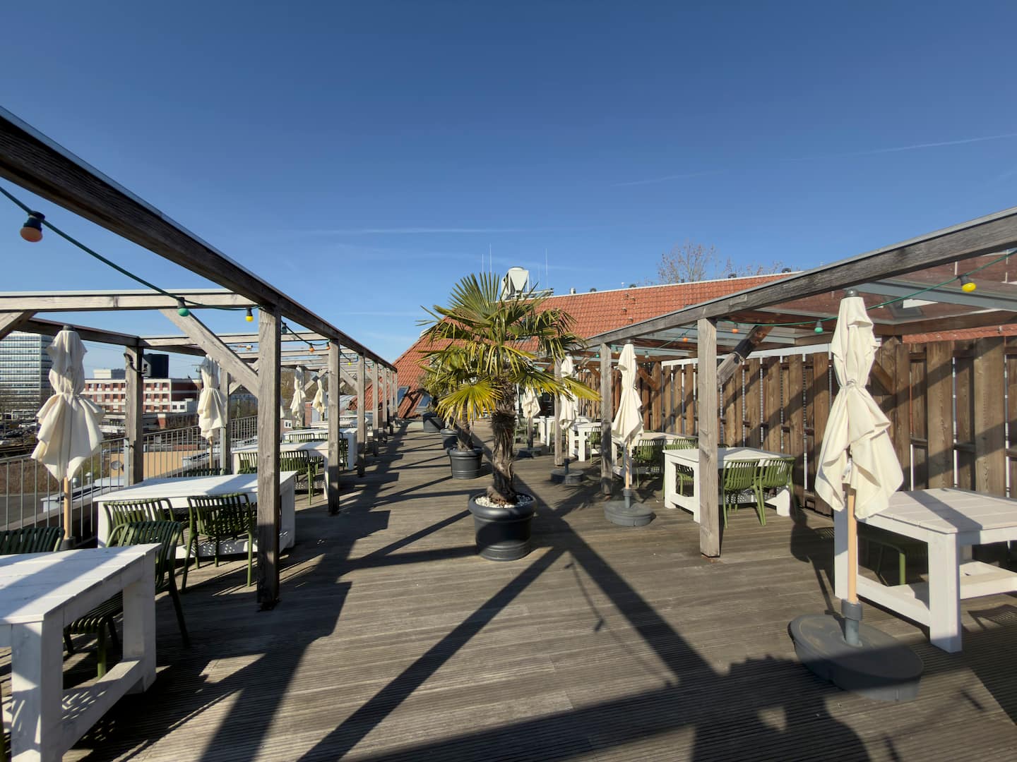 Dachterrasse mit Sonnenschirmen und Pflanzen